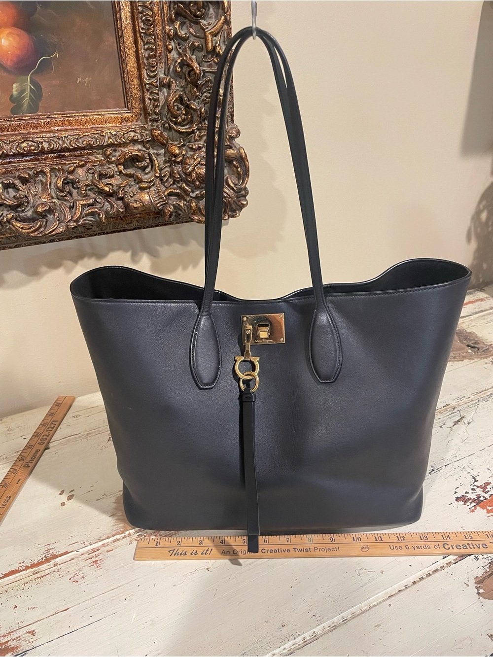 Salvatore Ferragamo Black Leather Tote with Gold Hardware